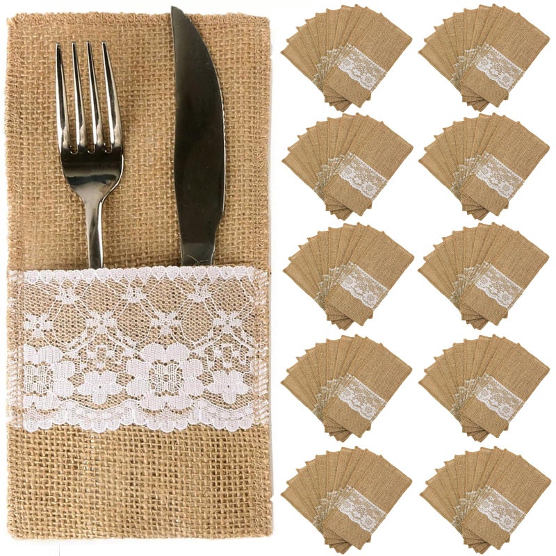 OZXCHIXU TM 100 Pack Natural Burlap Cutlery Holder Pouch Bag 4x8.5 Inch with Lace Silverware Napkin Holders Wedding Party Bridal Shower Table Setting Table Decoration - Image 1
